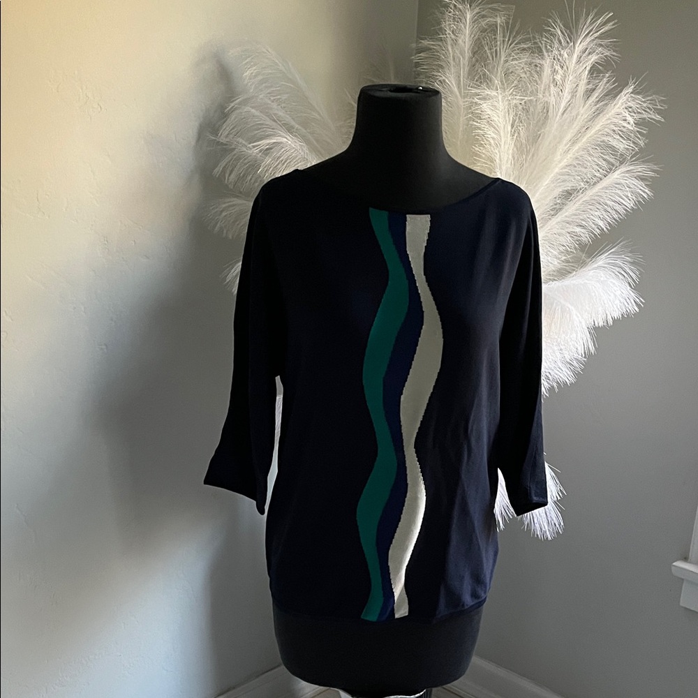 Jones New York Navy Long-Sleeve Top with Teal & Gray Wave